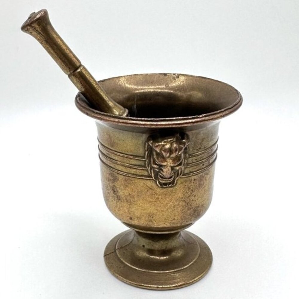 Vintage Brass Apothecary Small Mortar and Pestle Figure Heads Pharmacy Medicine